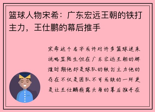 篮球人物宋希：广东宏远王朝的铁打主力，王仕鹏的幕后推手