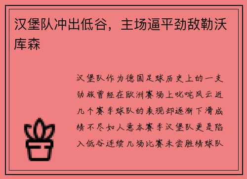 汉堡队冲出低谷，主场逼平劲敌勒沃库森