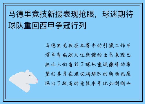 马德里竞技新援表现抢眼，球迷期待球队重回西甲争冠行列