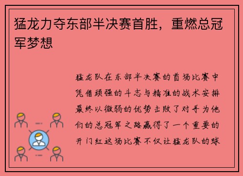 猛龙力夺东部半决赛首胜，重燃总冠军梦想