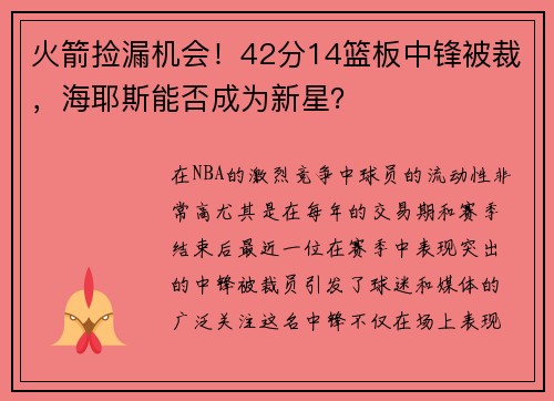 火箭捡漏机会！42分14篮板中锋被裁，海耶斯能否成为新星？