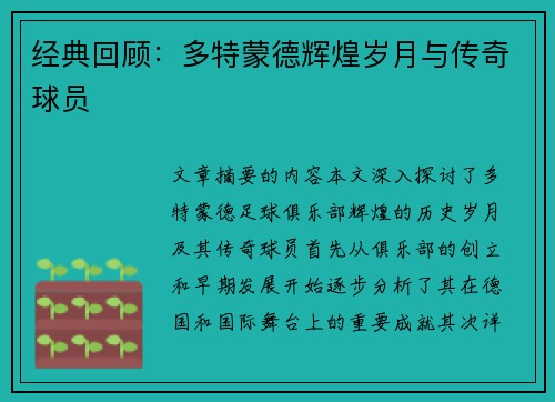 经典回顾：多特蒙德辉煌岁月与传奇球员