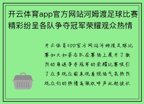 开云体育app官方网站河姆渡足球比赛精彩纷呈各队争夺冠军荣耀观众热情高涨